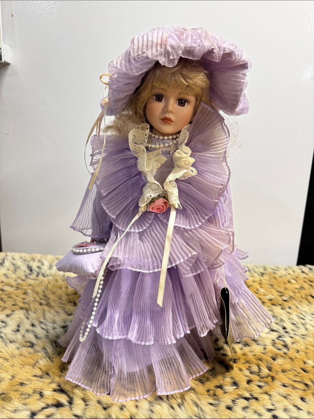 Special collectors edition Lavender Porcelain Doll in Tiered Ruffle Dress